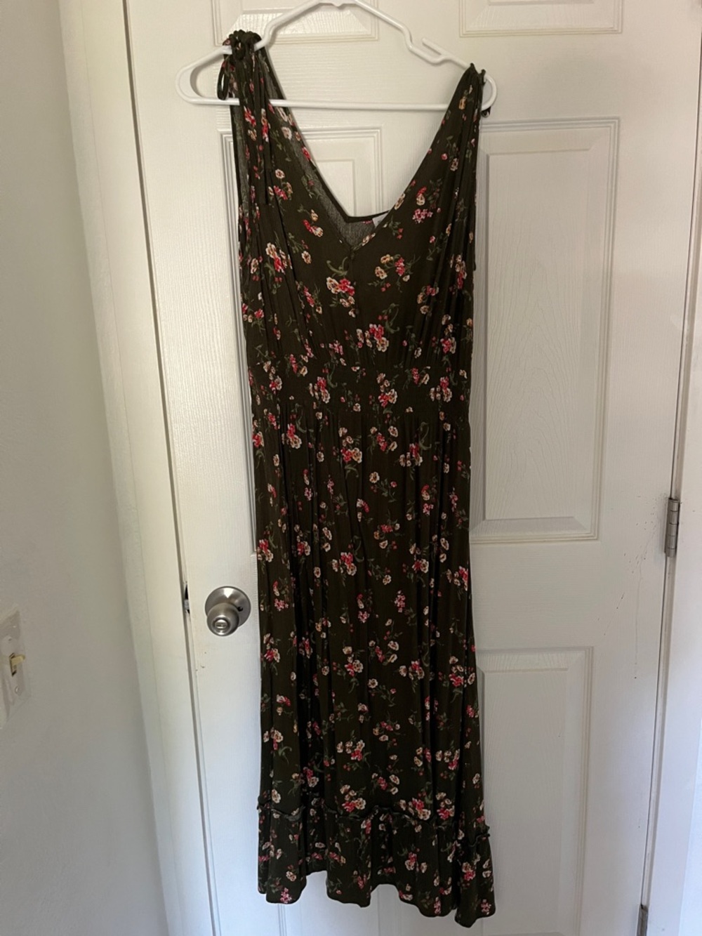 Women's Olive Green Floral Maxi Dress with Pink Rose Print